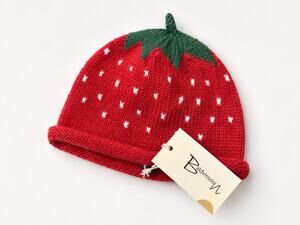 Baldvinsson Hand Knit Strawberry Beanie Hat 0-2 Years NWT Cotton Mohair Silk